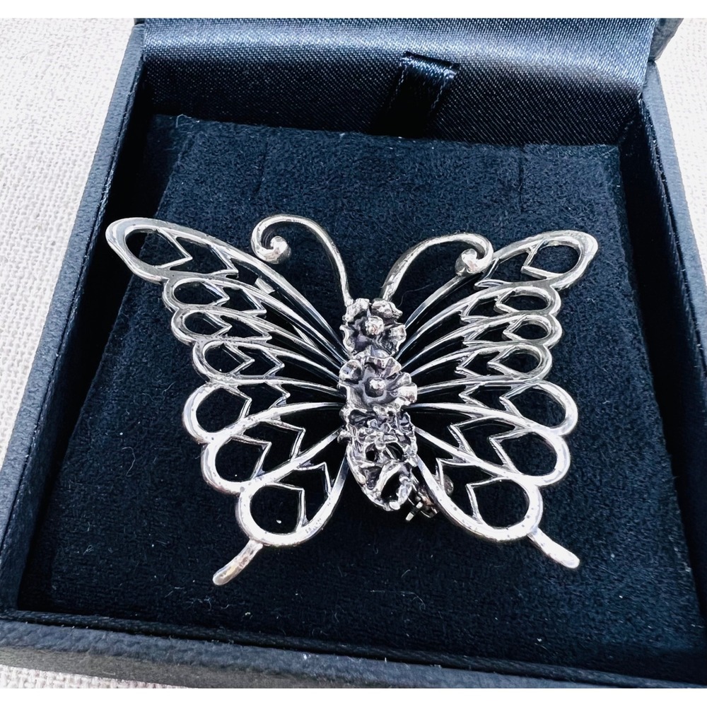 Vintage Beau Sterling Silver Butterfly Brooch Pin Filigree Floral Mid Century